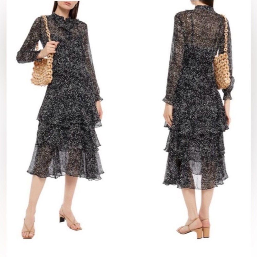 Maje Tiered Printed Metallic Fil Coupé Midi Dress 38 Medium Black Silk Wedding - Picture 2 of 16
